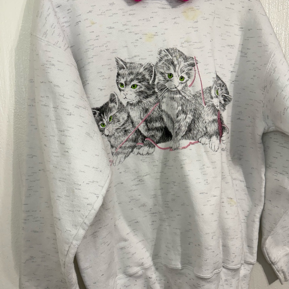 Vintage Oneita Sport Playful Kitten Grandmacore Crew Neck Collared Sweatshirt - Picture 8 of 11